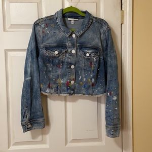 Paint Splatter Medium Wash Cropped Denim Jacket